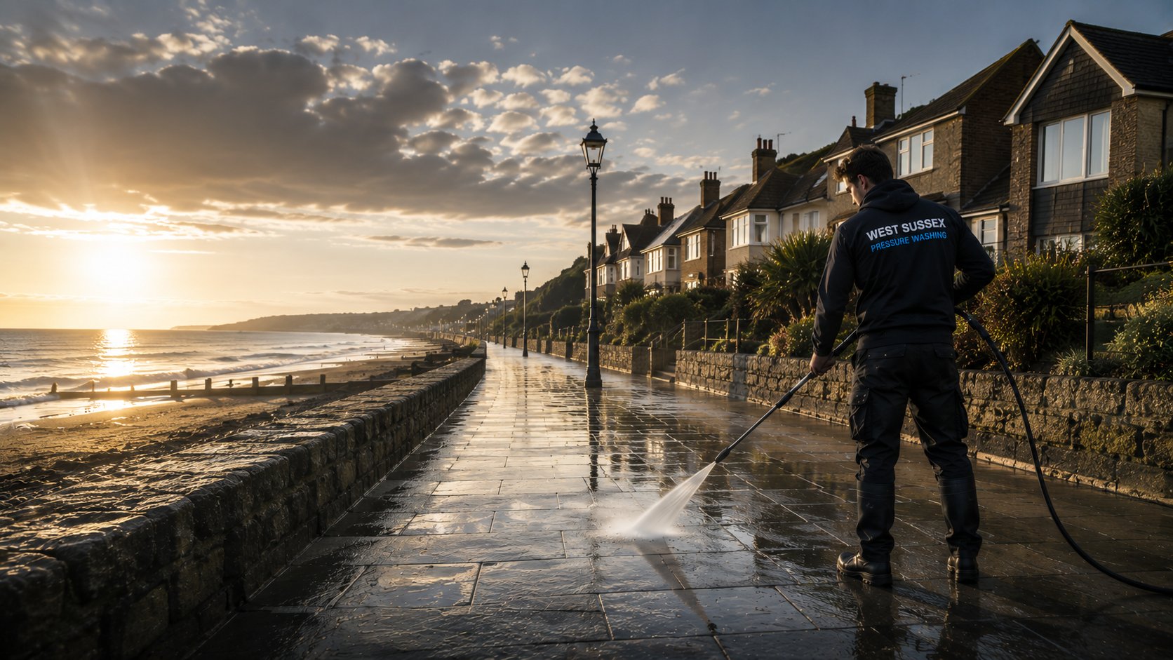 West Sussex pressure washing team cleaning a seafront walkway